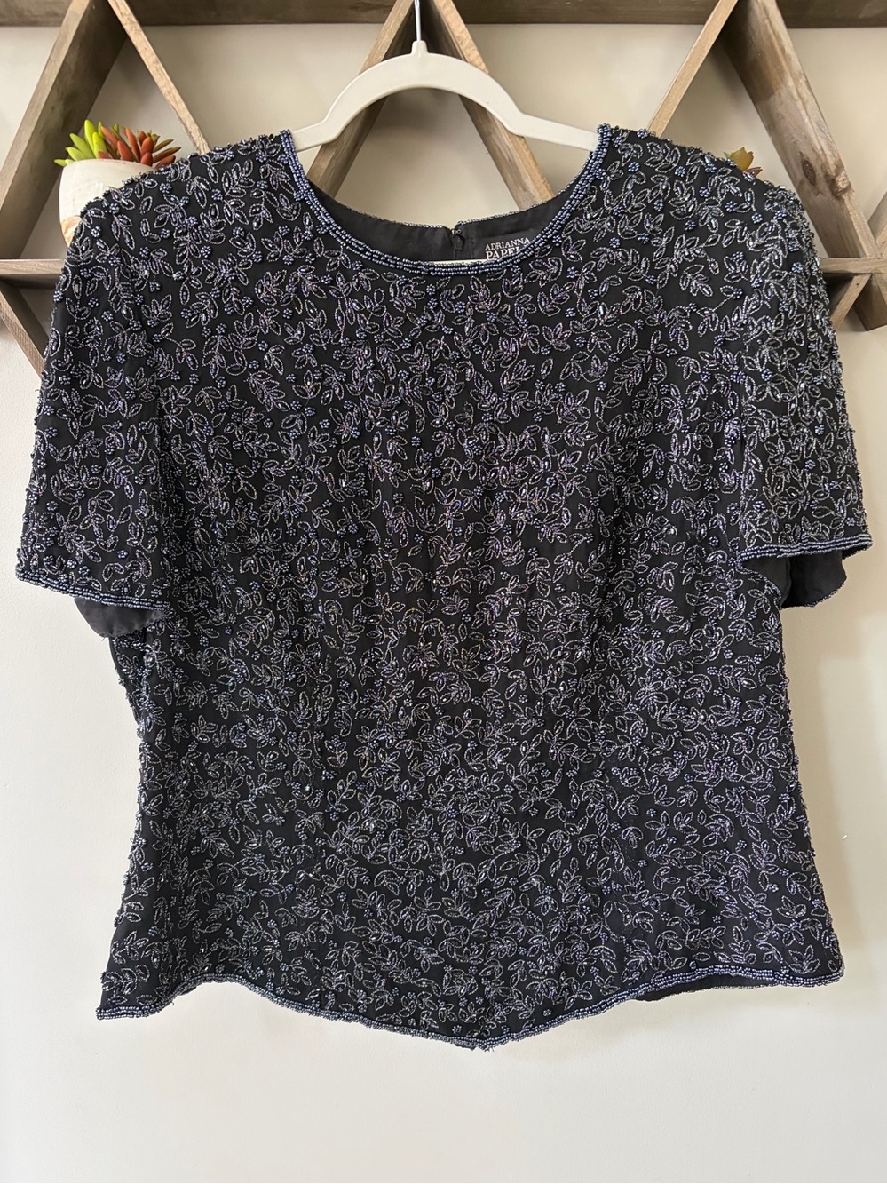 Adrianna Papell Boutique Evening Silk Top Black Beaded Vintage Formal. Size 1X